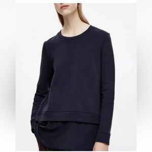 COS Crewneck Pullover Sweatshirt Silk Trim Hem Women Sz M Black Quiet Luxury